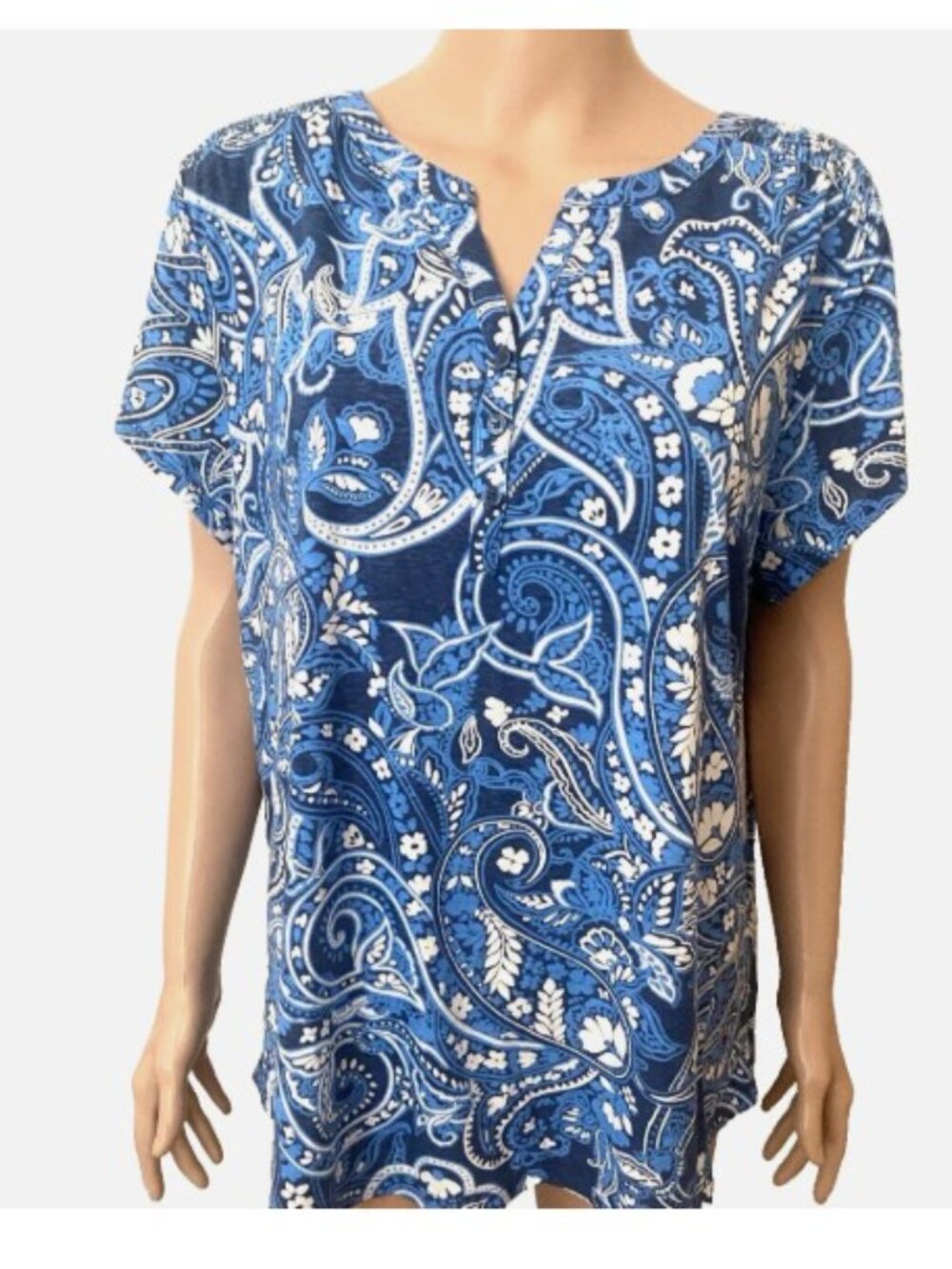 NWT LIZ CLAIBORNE Blue Paisley Short Sleeve Split Neck Top XL Retails $32